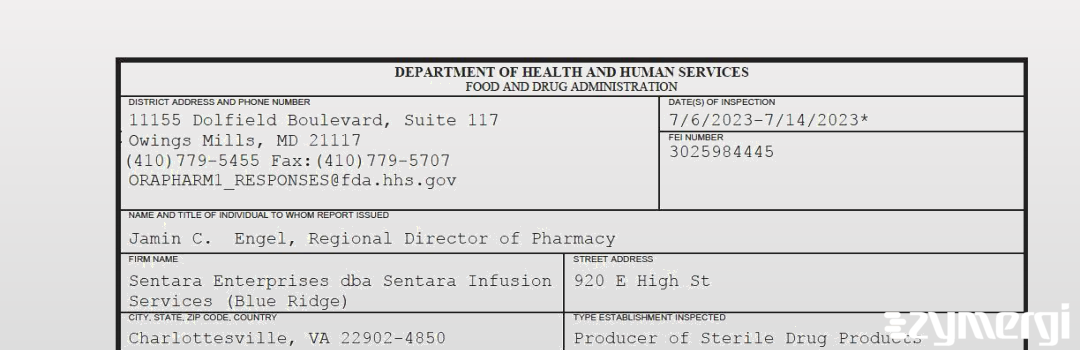 FDANews 483 Sentara Enterprises dba Sentara Infusion Services (Blue Ridge) Jul 14 2023 top