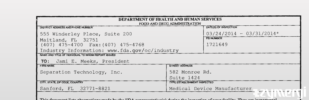 FDANews 483 Separation Technology, Inc. Mar 31 2014 top