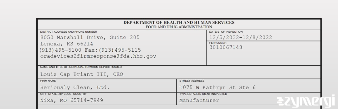 FDANews 483 Seriously Clean, Ltd. Dec 8 2022 top