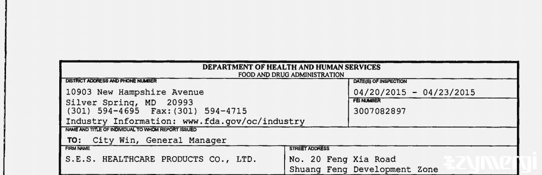 FDANews 483 S.E.S. Healthcare Products Co., Ltd.. Apr 23 2015 top