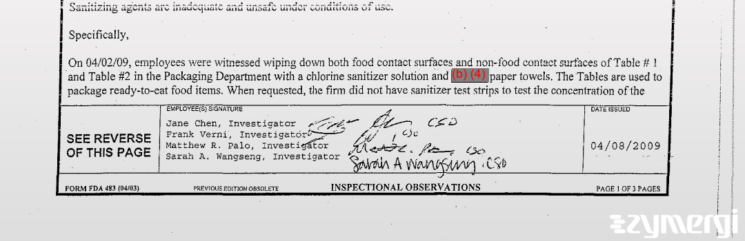 Jane Chen FDA Investigator Sarah A. Meehan FDA Investigator Frank Verni FDA Investigator Matthew R. Palo FDA Investigator 