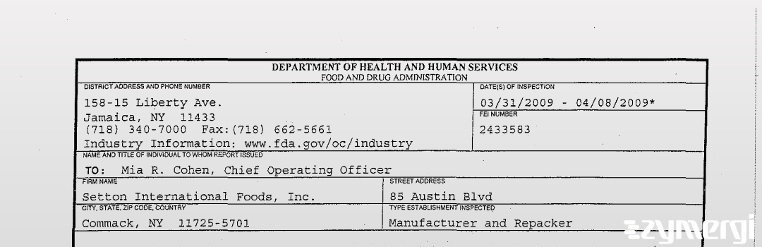 FDANews 483 Setton International Foods, Inc. Apr 8 2009 top