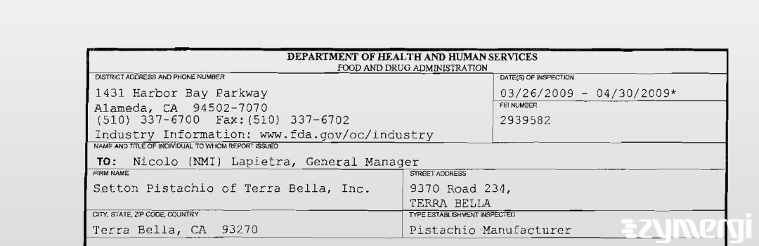 FDANews 483 Setton Pistachio of Terra Bella, Inc. Apr 30 2009 top
