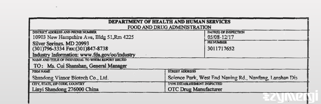 FDANews 483 Shandong Vianor Biotech Co., Ltd. May 10 2017 top