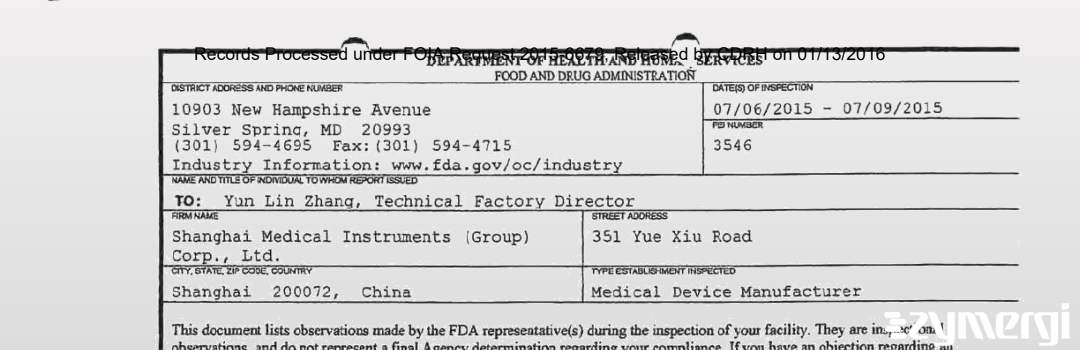 FDANews 483 Shanghai Medical Instruments (Group) Corp., Ltd. Jul 9 2015 top