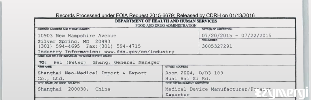 FDANews 483 Shanghai Neo-Medical Import & Export Co., Ltd. Jul 22 2015 top