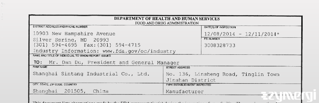 FDANews 483 Shanghai Sintang Industrial Co., Ltd. Dec 11 2014 top
