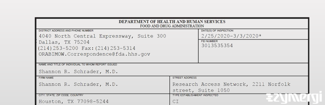 FDANews 483 Shannon R. Schrader, M.D. Mar 3 2020 top