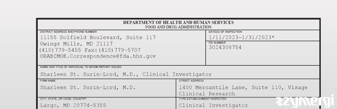 FDANews 483 Sharleen St. Surin-Lord, M.D. Jan 31 2023 top