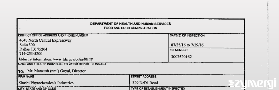 FDANews 483 Shashi Phytochemical Industries Jul 29 2016 top