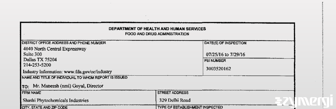 FDANews 483 Shashi Phytochemical Industries Jul 29 2016 top