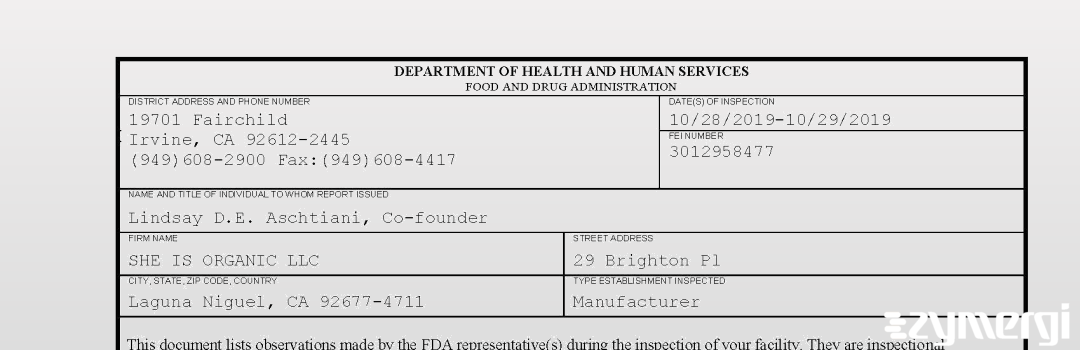 FDANews 483 SHE IS ORGANIC LLC Oct 29 2019 top