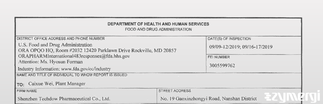 FDANews 483 Shenzhen Techdow Pharmaceutical Co., Ltd. Sep 17 2019 top