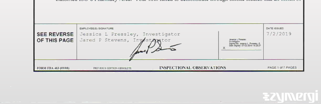 Jessica L. Pressley FDA Investigator Jared P. Stevens FDA Investigator 