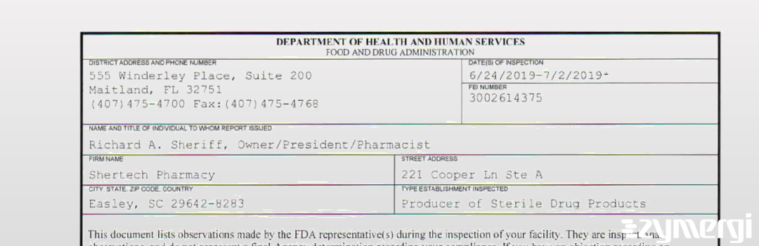 FDANews 483 Shertech Pharmacy Jul 2 2019 top