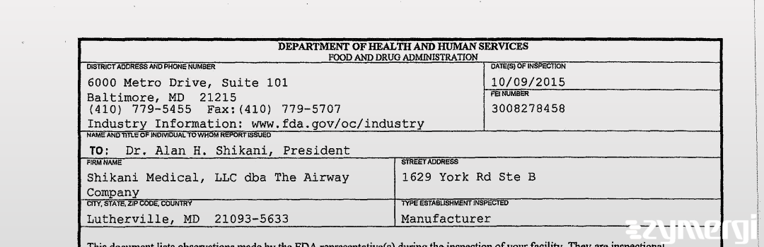 FDANews 483 Shikani Medical, LLC dba The Airway Company Oct 9 2015 top