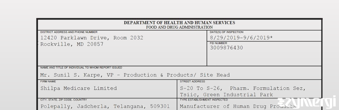 FDANews 483 Shilpa Medicare Limited Sep 6 2019 top