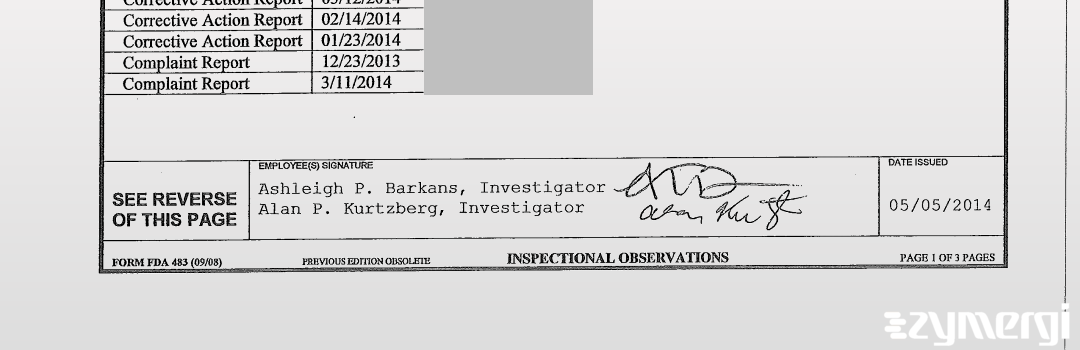 Alan P. Kurtzberg FDA Investigator Ashleigh P. Wodushek FDA Investigator Ashleigh P. Barkans FDA Investigator 