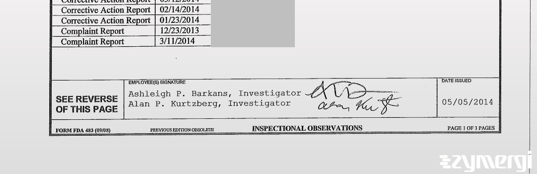 Alan P. Kurtzberg FDA Investigator Ashleigh P. Wodushek FDA Investigator Ashleigh P. Barkans FDA Investigator