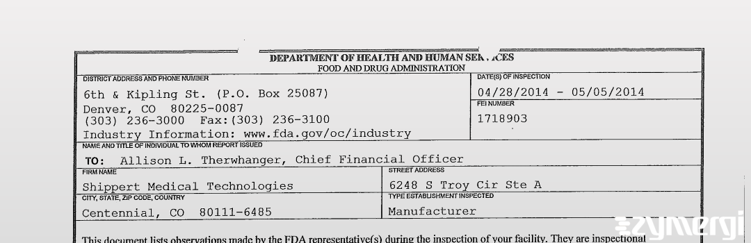 FDANews 483 Shippert Medical Technologies May 5 2014 top