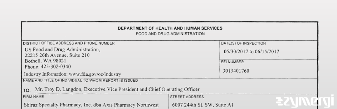 FDANews 483 Shiraz Specialty Pharmacy, Inc. dba Axis Pharmacy Northwest Jun 15 2017 top