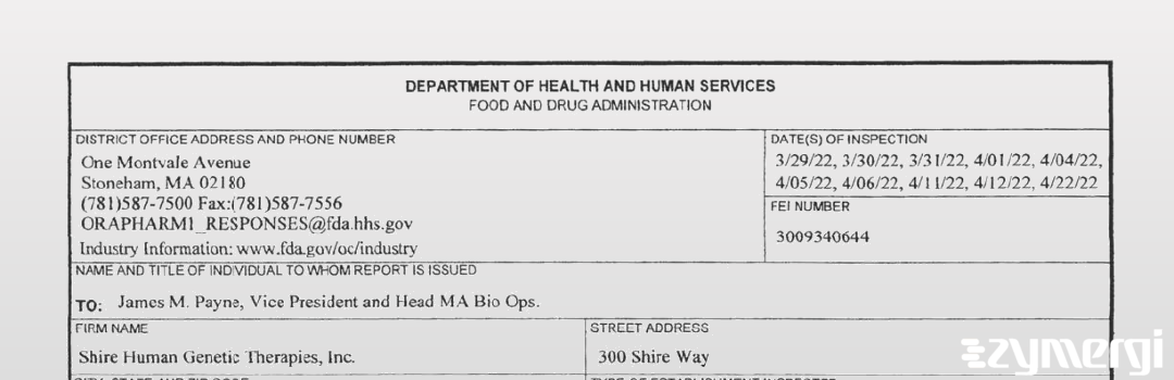 FDANews 483 Shire Human Genetic Therapies Inc Apr 22 2022 top