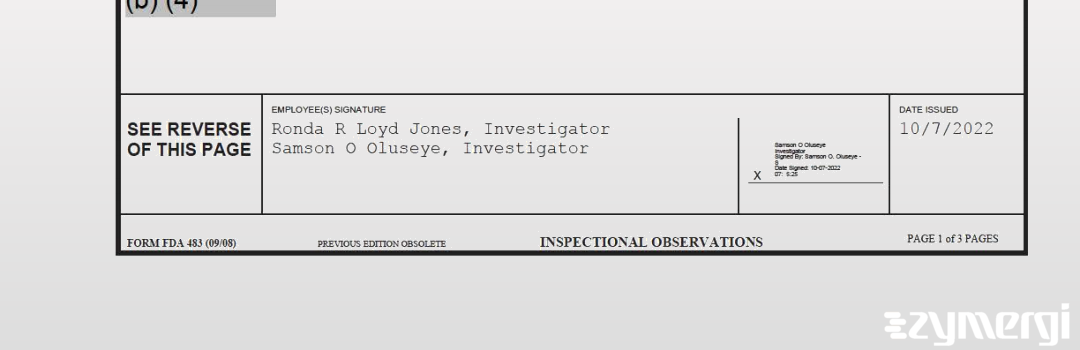 Ronda R. Loyd Jones FDA Investigator Samson O. Oluseye FDA Investigator Loyd Jones, Ronda R FDA Investigator