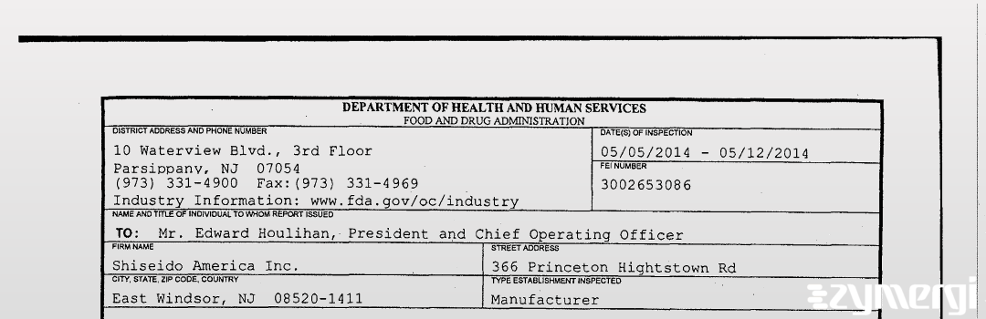 FDANews 483 Shiseido America Inc. May 13 2014 top