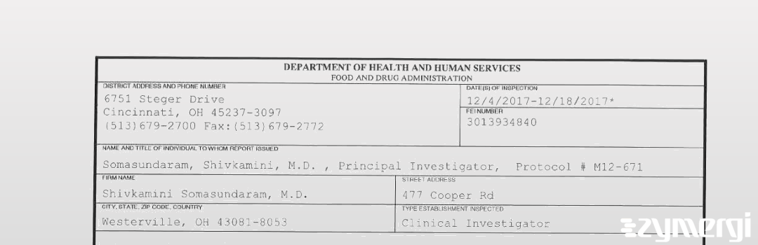 FDANews 483 Shivkamini Somasundaram, M.D. Dec 18 2017 top