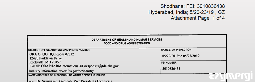 FDANews 483 SHODHANA LABORATORIES LIMITED May 23 2019 top