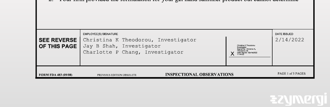 Charlotte P. Chang FDA Investigator Jay B. Shah FDA Investigator Christina K. Theodorou FDA Investigator 