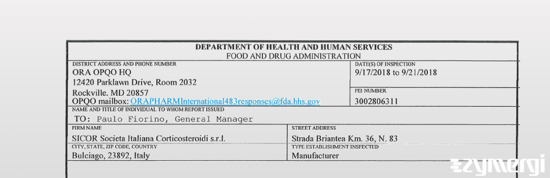 FDANews 483 SICOR Societa' Italiana Corticosteroidi SRL Sep 21 2018 top
