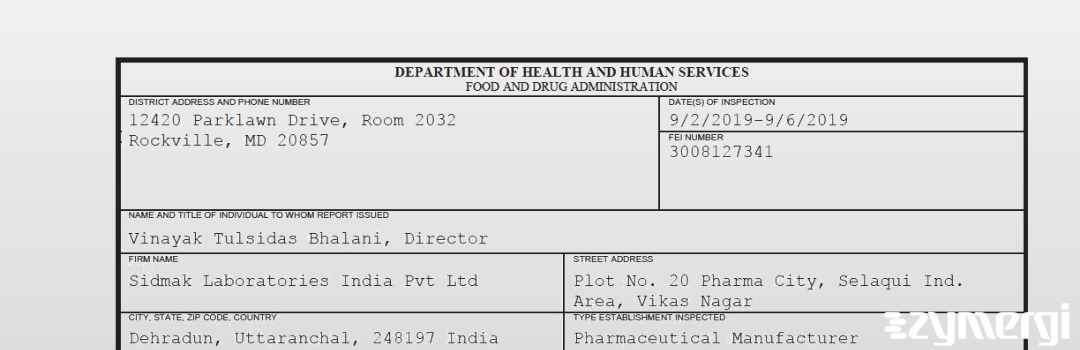 FDANews 483 Sidmak Laboratories India Pvt Ltd Sep 6 2019 top