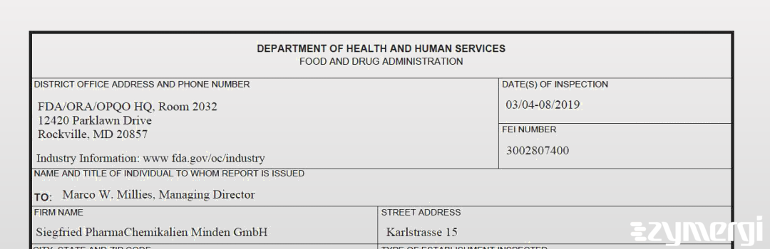 FDANews 483 Siegfried PharmaChemikalien Gmbh & Co. KG Mar 8 2019 top