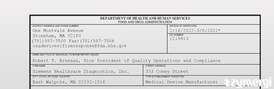 FDANews 483 Siemens Healthcare Diagnostics Inc Mar 8 2022 top