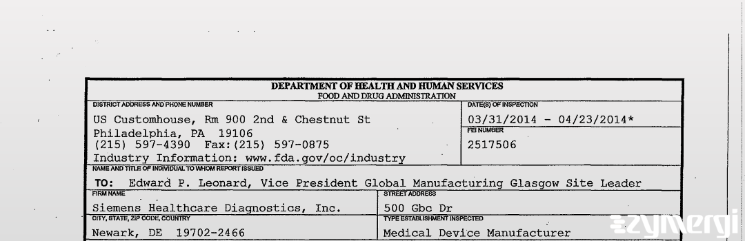 FDANews 483 Siemens Healthcare Diagnostics Inc Apr 23 2014 top