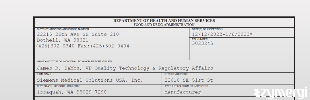 FDANews 483 Siemens Medical Solutions USA, Inc. Jan 6 2023 top