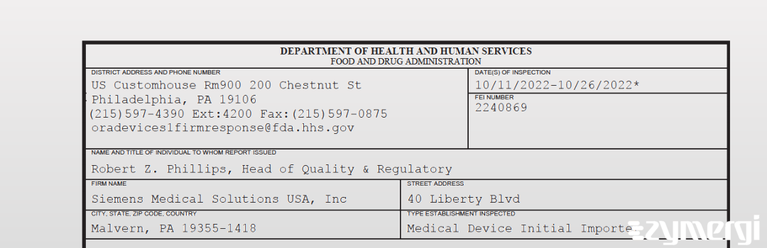 FDANews 483 Siemens Medical Solutions USA, Inc. Oct 26 2022 top