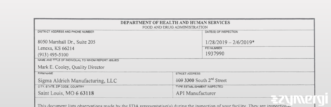 FDANews 483 Sigma-Aldrich Mfg LLC Feb 6 2019 top