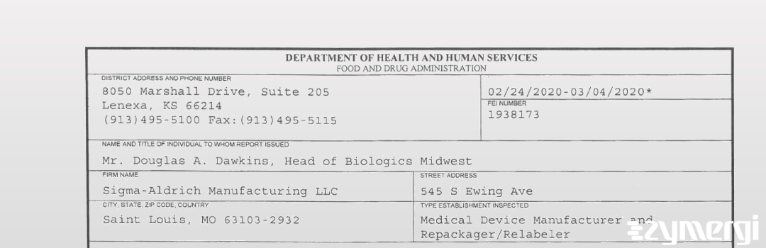 FDANews 483 Sigma-Aldrich Mfg LLC Mar 4 2020 top