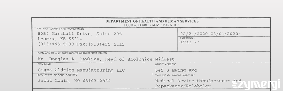 FDANews 483 Sigma-Aldrich Mfg LLC Mar 4 2020 top