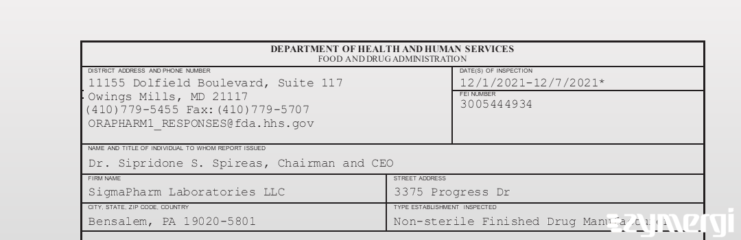 FDANews 483 SigmaPharm Laboratories LLC Dec 7 2021 top