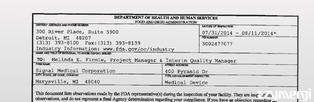 FDANews 483 Signal Medical Corporation Aug 11 2014 top