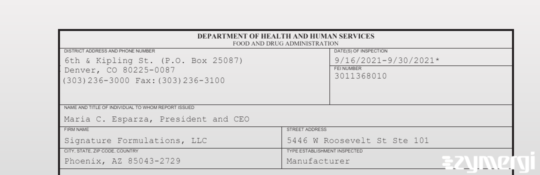 FDANews 483 Signature Formulations, LLC Sep 30 2021 top