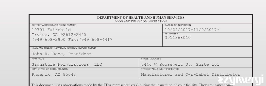 FDANews 483 Signature Formulations, LLC Nov 9 2017 top