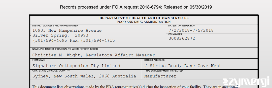 FDANews 483 Signature Orthopedics Pty Limited Jul 5 2018 top