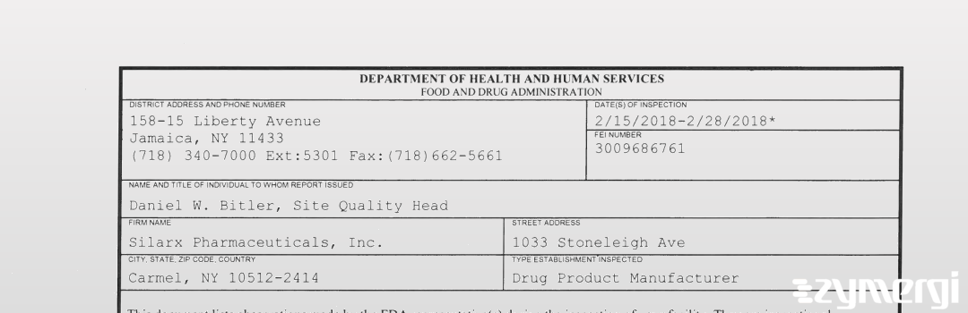 FDANews 483 Silarx Pharmaceuticals, Inc. Feb 28 2018 top