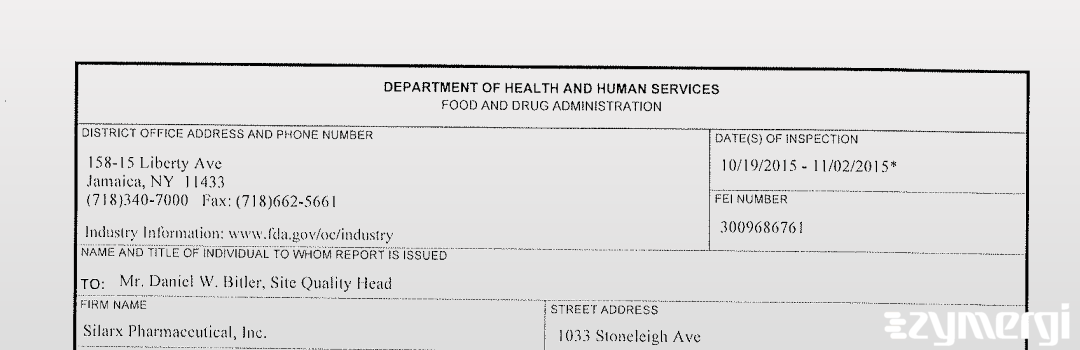 FDANews 483 Silarx Pharmaceuticals, Inc. Nov 2 2015 top