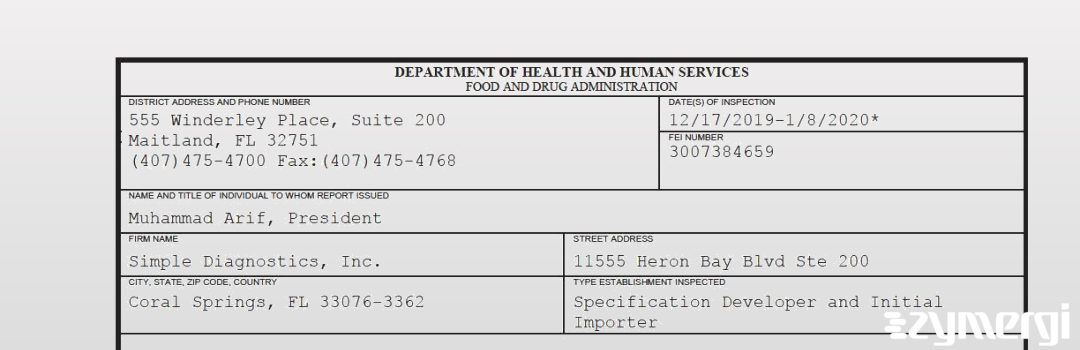 FDANews 483 Simple Diagnostics, Inc. Jan 8 2020 top