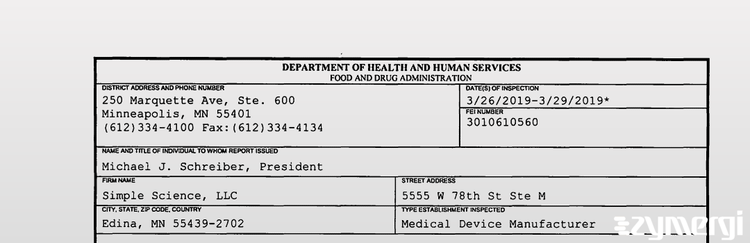 FDANews 483 Simple Science, LLC Mar 29 2019 top